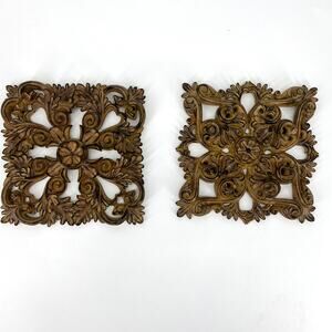 Vintage Pair Home Interiors Square Resin Medallion Wall Art 8" Hanging Hardware